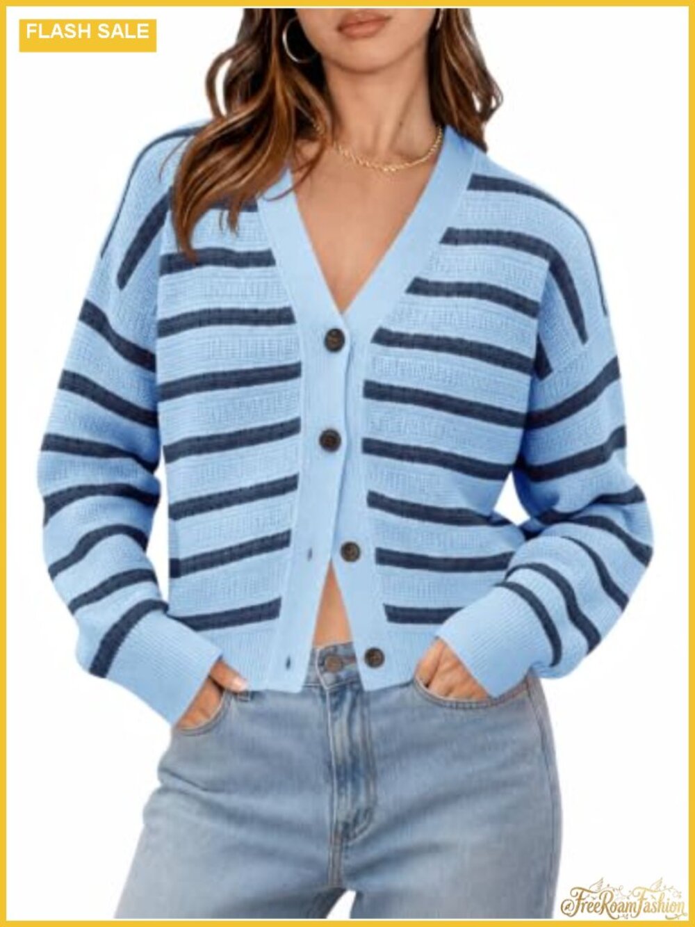 Women's Crochet Knit Stripe Cardigan Button Front Sweater